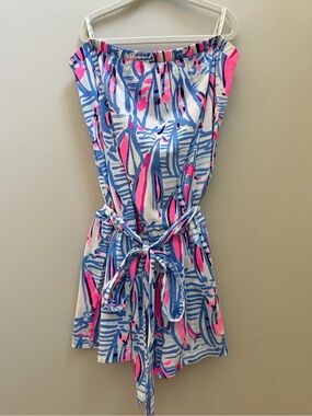 Women’s Lilly Pulitzer Strapless Romper with Blue & Pink Tropical Print Sz Small